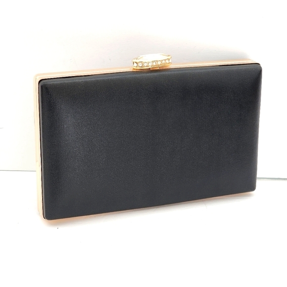 Women's Black Leather Satin Flowers Evening Clutch Bag - Picture 6 of 8